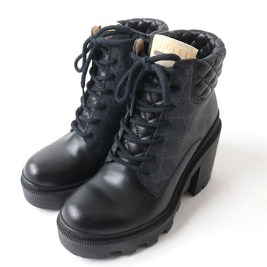 GUCCI boots GG Supreme Canvas x Leather Gray x black Women 35 Used Authentic